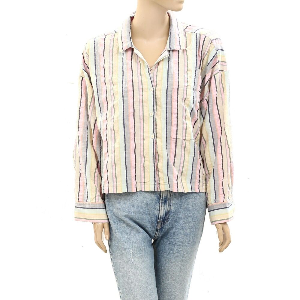Kerri Rosenthal Striped Shirt Blouse Top Buttondown Printed Collared L 272897 - Picture 1 of 4